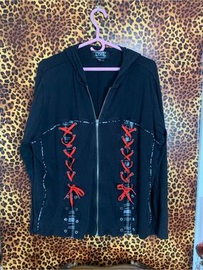 Tripp NYC Black zip up hoodie with Red Lace-Up Front